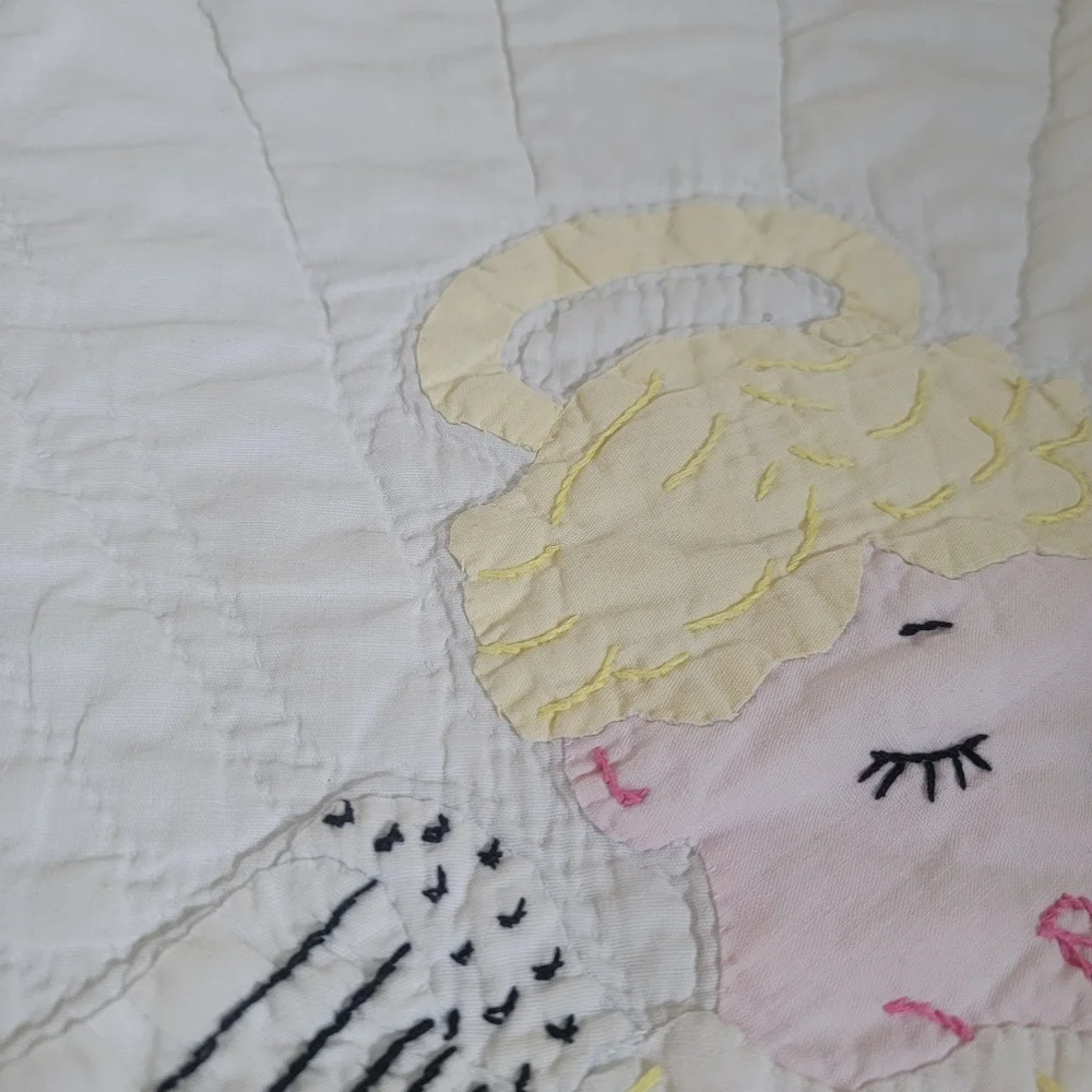 Vintage Handmade Hand Quilted Baby Quilt Blanket Embroidery Nursery 37”x49”